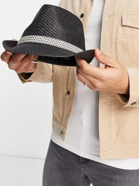 French Connection NWT Straw Trilby hat Charcoal fedora